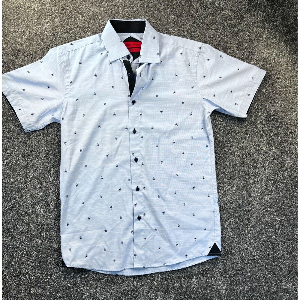 American Breed Mens Modern Fit Short Sleeve Shirt S Blue Palm Print 100%‎ Cotton